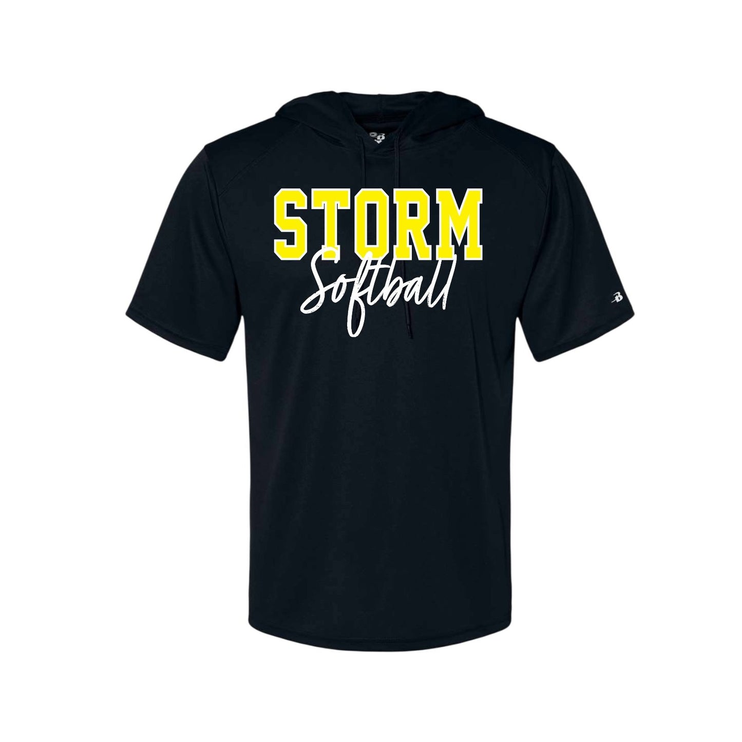 STORM YELLOW OUTLINE Black Short Sleeve Sport Performance Hoodie [ADULT]